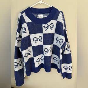 Lola Navy and White Checkered Sweater with Bow Design
